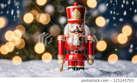 nutcracker toy stands in fresh snow against a backdrop of glowing holiday lights and bokeh, encapsulating the magic and tradition of the Christmas season 125243783