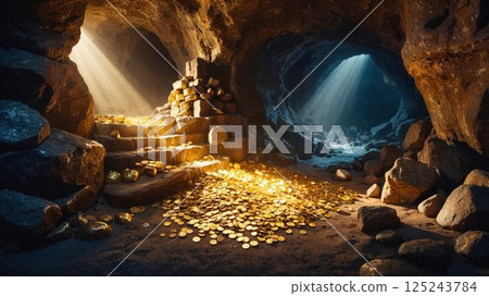 mystical treasure-filled cave with golden coins and shimmering light beams piercing through the darkness, evoking adventure, mystery, and hidden riches mystical treasure-filled cave with golden coins and shimmering light beams piercing through the darkness, evoking adventure, mystery, and hidden riches 125243784