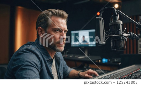 sound engineer working in a professional recording studio, adjusting equipment near a microphone, surrounded by a creative and modern workspace 125243805