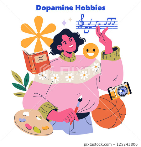 Dopamine Hobbies concept. Engaging in activities that boost happiness and well-being. Explore various interests like painting, reading, music, and sports to enhance mental health. Vector illustration. Dopamine Hobbies concept. Engaging in activities that boost happiness and well-being. Explore various interests like painting, reading, music, and sports to enhance mental health. Vector illustration. 125243806