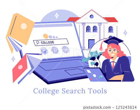 College Search Tools illustration. A student researches college options using digital resources, surrounded by books and a university building. Highlights modern ways to explore education choices 125243814