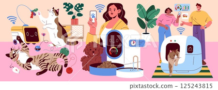 Pet gadgets illustration showcases various innovative devices for pets, enhancing their playtime and health. Smart feeders, toys, and monitoring tools help owners connect and care for their furry 125243815