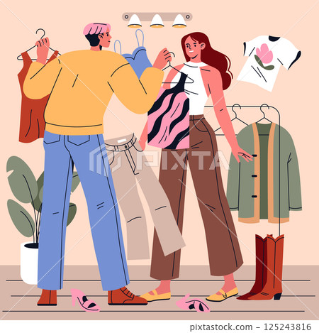 Fashion consultation vector illustration showing a stylist helping a woman choose outfits, enhancing her Kibbe body type. 125243816