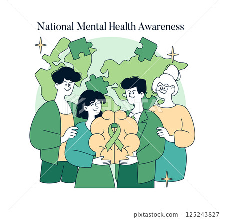 National Mental Health Awareness highlights the importance of emotional well-being. A diverse group of people unites to support mental health initiatives, encouraging open dialogue and understanding. 125243827