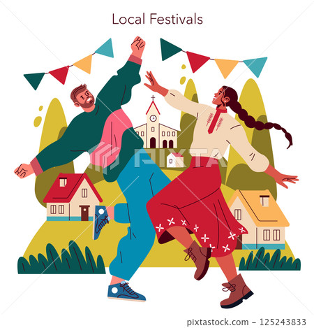 Local festivals bring communities together through joyous celebrations. People dance, play, and enjoy cultural traditions in vibrant settings with colorful decorations and cheerful atmospheres. Local festivals bring communities together through joyous celebrations. People dance, play, and enjoy cultural traditions in vibrant settings with colorful decorations and cheerful atmospheres. 125243833