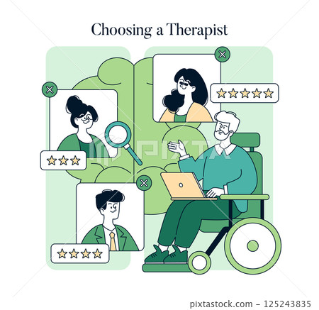 Mental health support illustrated through selecting a therapist. The scene portrays a person in a wheelchair reviewing options, highlighting the importance of accessibility and informed choices in 125243835