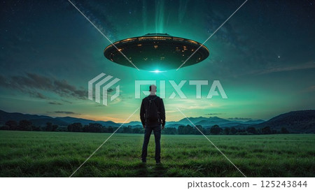 man stands in awe under a massive glowing UFO in a starry night sky, with a vibrant green horizon and rolling mountains in the distance, creating a cinematic alien encounter man stands in awe under a massive glowing UFO in a starry night sky, with a vibrant green horizon and rolling mountains in the distance, creating a cinematic alien encounter 125243844