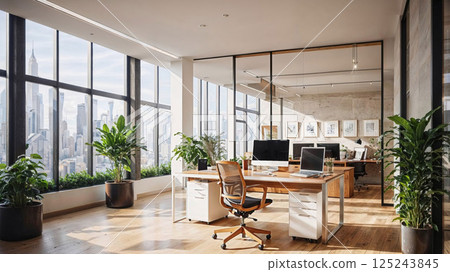 modern office with natural light, wooden desks, lush greenery, and panoramic windows showcasing a stunning urban skyline for an inspiring and productive workspace 125243845
