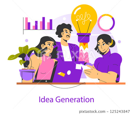 Collaboration among individuals sparks creativity in an office setting. Ideas flourish with visual tools, plant decor, and a stimulating atmosphere, encouraging brainstorming and productivity. Vector 125243847