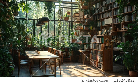 Cozy library cafe with lush indoor plants, floor-to-ceiling bookshelves and natural sunlight. Aesthetic interior combines literature and greenery creating perfect reading atmosphere 125243852