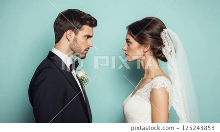 Dramatic portrait of bride and groom in profile, facing each other against turquoise background. Modern wedding photography showing tension and emotion in formal attire Dramatic portrait of bride and groom in profile, facing each other against turquoise background. Modern wedding photography showing tension and emotion in formal attire 125243853