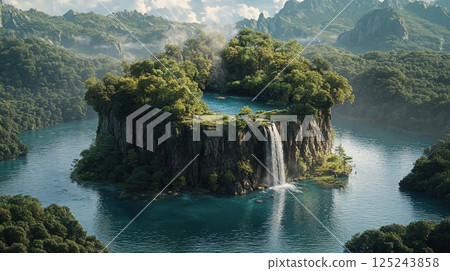 Breathtaking fantasy landscape with floating island featuring waterfall, lush forest, and crystal blue lake. Digital art masterpiece combining natural elements in surreal composition 125243858