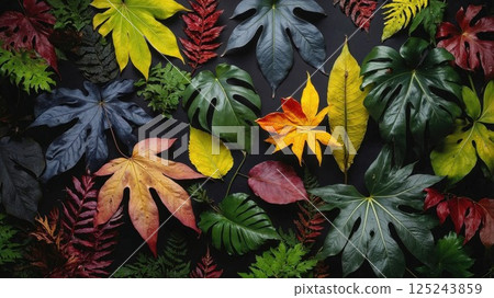 collection of colorful tropical leaves and ferns arranged artfully against a dark background, celebrating the beauty of diverse foliage and exotic botanical textures 125243859