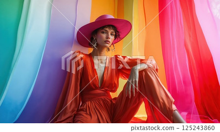 Fashion portrait with model in flowing red dress and wide-brimmed hat against rainbow backdrop. Vibrant editorial photography combining dramatic styling with colorful set design 125243860