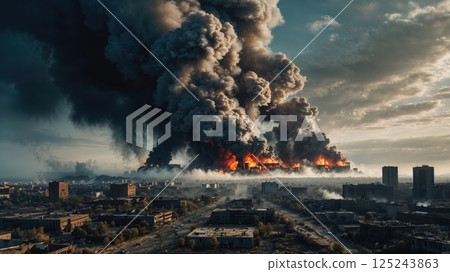 smoke and fiery explosions engulf a city skyline, creating a dramatic and devastating scene of destruction, chaos, and the raw power of urban disasters 125243863