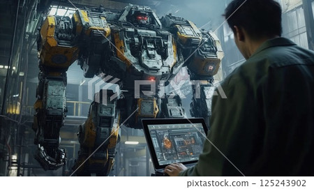 Futuristic battle mech with industrial design being controlled via tablet interface. Science fiction concept art showing advanced robotics and human-machine interaction in dark technological 125243902