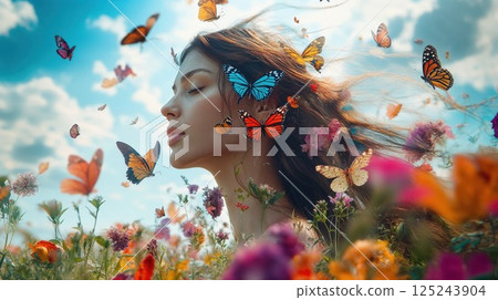 Dreamy portrait of young woman with colorful butterflies and wildflowers in summer meadow. Whimsical nature photography combining fantasy elements with natural beauty and soft lighting 125243904