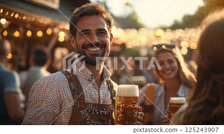 Cheerful bartender in traditional costume serving beer at outdoor festival. Authentic Oktoberfest atmosphere with golden hour lighting and festive crowd in background 125243907