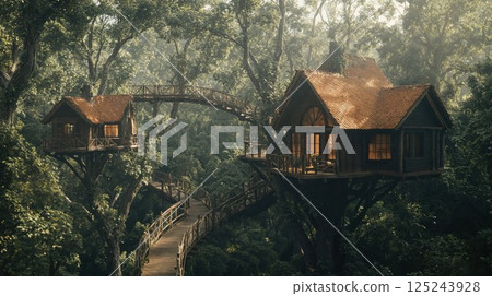 Enchanting treehouse village connected by wooden bridges in misty forest setting, featuring rustic architecture with warm glowing windows creating cozy fairy tale atmosphere 125243928