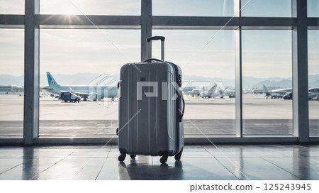 sleek silver suitcase stands by an airport window, overlooking parked airplanes on a sunny day, representing travel, adventure, and modern transportation 125243945