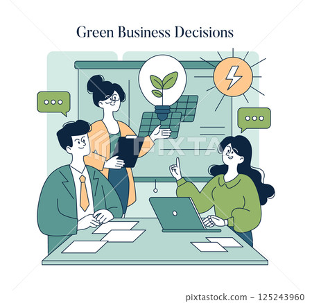 Sustainability in business is key for future success. This illustration highlights a team discussing green decisions, focusing on renewable energy and environmental responsibility to drive growth. 125243960