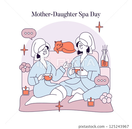Celebrate the special bond between mothers and daughters with a cozy spa day illustration. Enjoy relaxation, warm drinks, and heartfelt conversations in a serene home environment together. 125243967