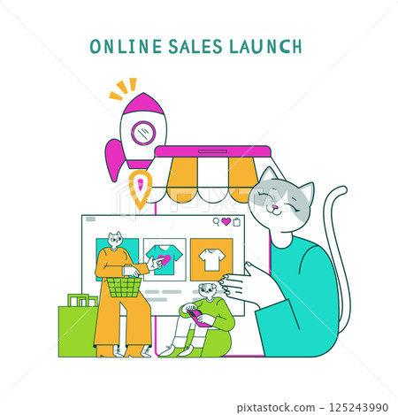 Business Cat promotes online sales with an engaging launch scene where a cheerful cat interacts with customers browsing apparel on a digital platform. It captures the excitement of e-commerce. 125243990