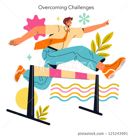 Overcoming challenges concept. A dynamic illustration of a person leaping over a hurdle, symbolizing persistence and achievement. The scene conveys motivation, resilience, and success in facing 125243991