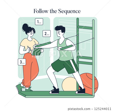 Pilates instruction session featuring a trainer guiding a student through exercises using a specialized reformer. Focus on proper technique and sequence for effective workouts. Vector illustration. 125244011