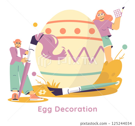 Easter concept. Happy people creatively decorate giant Easter egg with brush and paint, preparing holiday artwork in cheerful atmosphere. Vector illustration. Easter concept. Happy people creatively decorate giant Easter egg with brush and paint, preparing holiday artwork in cheerful atmosphere. Vector illustration. 125244034