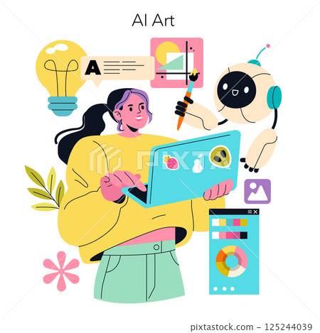 An AI hobbyist engages with a laptop while a friendly robot assists in creative art tasks. This illustration captures the merging of technology and creativity, inspiring innovation in digital art. 125244039