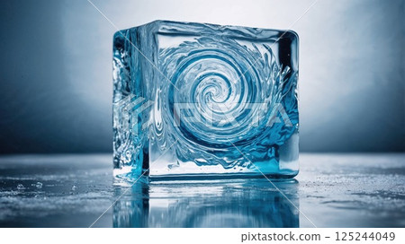 A close-up of a swirling blue ice cube with intricate patterns, showcasing its smooth, crystalline texture against a soft blue background, highlighting the beauty of frozen water A close-up of a swirling blue ice cube with intricate patterns, showcasing its smooth, crystalline texture against a soft blue background, highlighting the beauty of frozen water 125244049