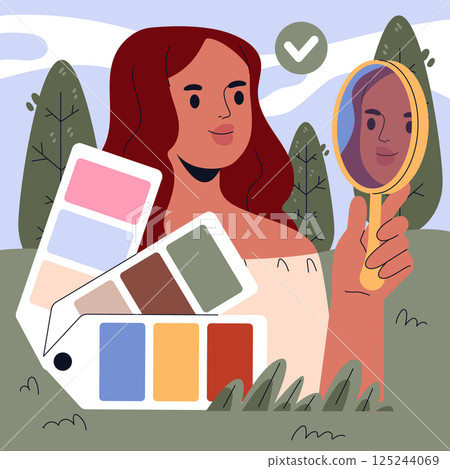 Kibbe Types concept. Illustration of a woman using a color palette and mirror to determine her Kibbe body type in a natural setting. Vector illustration. Kibbe Types concept. Illustration of a woman using a color palette and mirror to determine her Kibbe body type in a natural setting. Vector illustration. 125244069