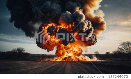 A dramatic and intense explosion fills the sky with fiery orange flames and billowing black smoke, creating a powerful visual of destruction and chaos in an open landscape 125244070