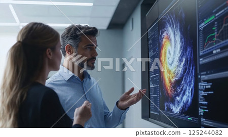 Scientists analyzing hurricane data visualization on large screen. Meteorologists studying weather patterns using advanced technology and satellite imagery in modern control room 125244082