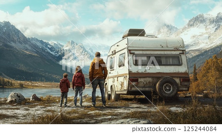 Family admiring snow-capped mountains with vintage camper van. Adventure travel lifestyle with parents and child overlooking scenic mountain lake landscape in autumn 125244084