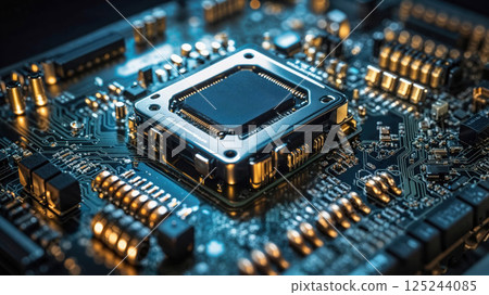 High-tech close-up of a microchip on a circuit board, showcasing intricate details of modern technology with glowing components and futuristic design 125244085