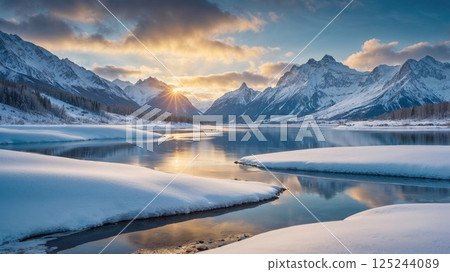 winter mountain landscape with snow-covered peaks, a calm frozen river, and the golden hues of sunrise creating a tranquil and majestic scene 125244089