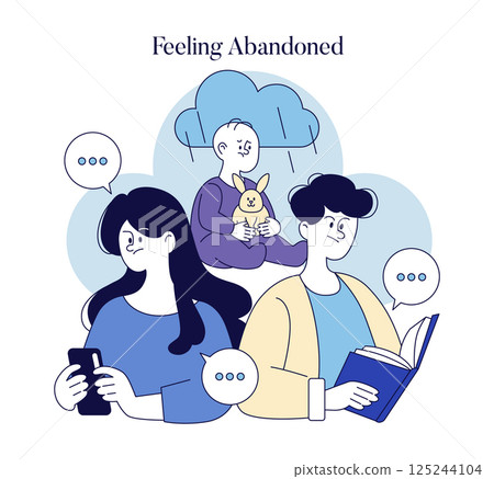Neglectful parenting portrayed through three characters: a distracted mother, an indifferent father, and a lonely child holding a toy. This illustration reflects emotional distance and its impact on Neglectful parenting portrayed through three characters: a distracted mother, an indifferent father, and a lonely child holding a toy. This illustration reflects emotional distance and its impact on 125244104