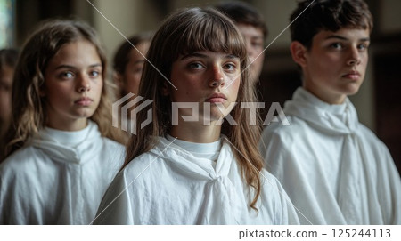 Young performers in white choir robes standing in formation. Dramatic portrait of youth choir members in traditional white garments with natural lighting and focused expressions 125244113