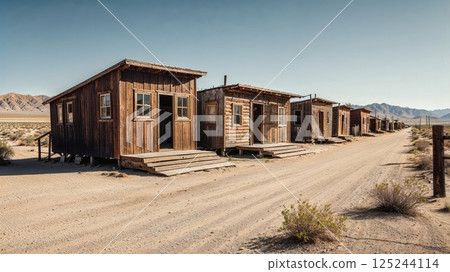 rustic row of weathered wooden cabins along a dusty road in a remote desert town, evoking the charm and nostalgia of the Old West 125244114