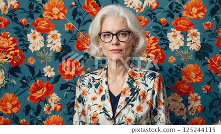 woman in a bold floral outfit, standing confidently against a matching floral background, creating a striking harmony of style and individuality woman in a bold floral outfit, standing confidently against a matching floral background, creating a striking harmony of style and individuality 125244115