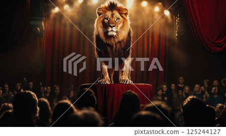 Majestic lion standing on circus pedestal before audience, dramatic stage lighting and red curtains create powerful theatrical performance atmosphere 125244127