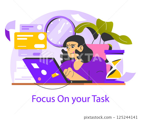 Work focus illustration. A person committed to their tasks amidst various distractions. Time management, productivity, and concentration are key themes represented through visual elements. Vector 125244141