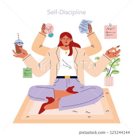 Self-Discipline concept. Woman sitting cross-legged in a calm pose multitasking with several arms handling work, ideas, notes, and coffee, surrounded by paperwork and a houseplant. Vector illustration Self-Discipline concept. Woman sitting cross-legged in a calm pose multitasking with several arms handling work, ideas, notes, and coffee, surrounded by paperwork and a houseplant. Vector illustration 125244144