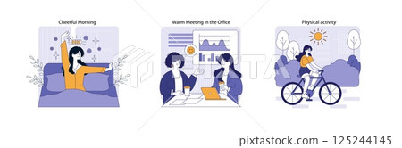 Hybrid work lifestyle promoting balance. Morning routines, engaging team meetings, and outdoor activities showcase the importance of flexibility. Work-life integration fosters creativity and wellness 125244145