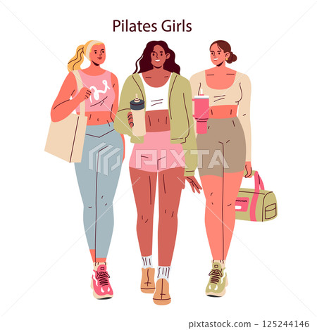 Pilates Girls illustration. Three active women in sporty outfits hold drinks and gear. They embody a lifestyle of fitness and wellness with a stylish camaraderie. Perfect for health and fitness 125244146