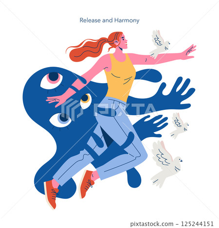 This illustration represents the concepts of release and harmony, showcasing a figure in motion surrounded by abstract hands and eyes, symbolizing freedom and inner peace while doves fly around. This illustration represents the concepts of release and harmony, showcasing a figure in motion surrounded by abstract hands and eyes, symbolizing freedom and inner peace while doves fly around. 125244151