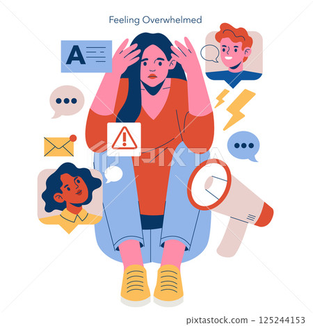 Feeling overwhelmed concept. A person depicts stress and anxiety surrounded by communication symbols like alerts, messages, and distractions. Captures the emotional impact of modern communication Feeling overwhelmed concept. A person depicts stress and anxiety surrounded by communication symbols like alerts, messages, and distractions. Captures the emotional impact of modern communication 125244153