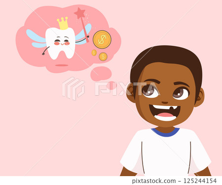 Happy Boy Dreaming About the Tooth Fairy Cute Cartoon Vector Illustration 125244154